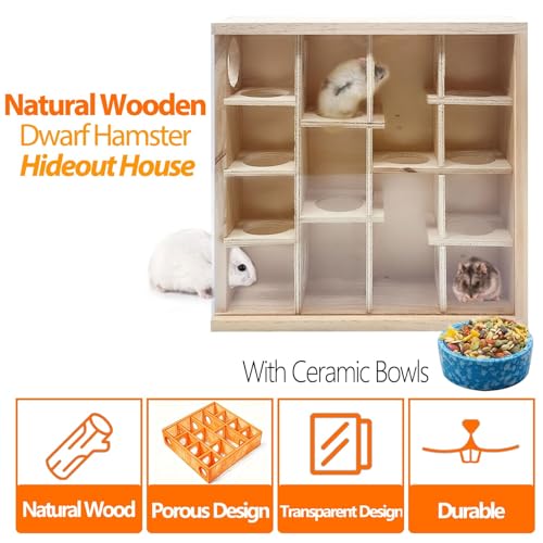 Kathson Wooden Hamster Tunnel Maze with Cover,Multichamber Hamster Hideout | Mice House Tunnel Exploring Toy for Dwarf Hamsters, Gerbils,Small Animals - color: Transparent-top hamster hideaway