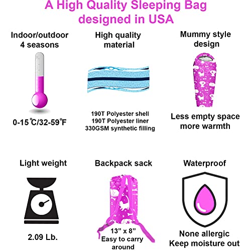 KidzAdventure Mummy Style 32 – 59F Kids Sleeping Bag with Pillow Sleeve, 4 Season, Lightweight and Backpacking Style, Ideal for Camping, Sleepover, Boys, Girls, and Youth - color: Pink kids up to 4'3"