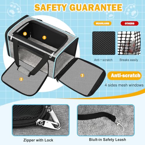 HUANLANG Large Cat Carrier Soft Sided Travel Pet Carrier Airline Approved | Dog Carriers for Small Dogs Medium Cats,Collapsible,3 Storage,zipper lock,Reflective strips,Luggage Strap, Up to 15 Lbs, Grey - color: Gray