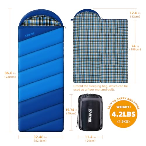 Cotton Flannel Lined Sleeping Bag for Adults Teens Kids, Cold Weather & Warm, 3 Seasons, Lightweight Compact Camping Essentials Equipment, Hiking, Outdoor, Travel - color: Deep Blue & Light Blue
