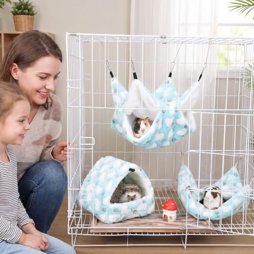 MCEAST 4 Pieces Small Pets Cage Accessories Hanging Hammock Sleeping Bag Tunnel and Bed Hideout Set Warm Sleep Nap Sack Bed for Hamster Ferret Squirrel Rabbit, Light Blue Hearts - style: Blue Hearts
