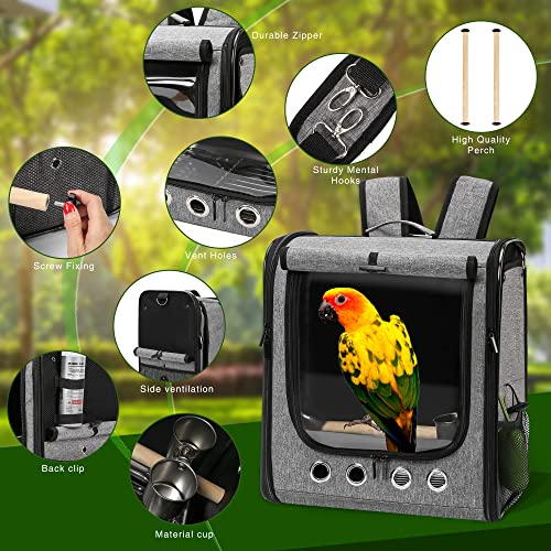 Large Bird Carrier Bag with Stand, Lightweight Backpack for Parrot, Portable Cockatiel Travel Cage with Accessories, Pet Transparent Breathable Carrier, Gray - color: Gray, size: 13.3"L x 10.2"W x 15.7"H