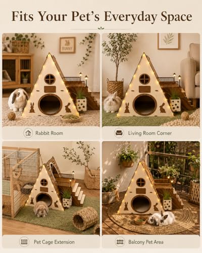 Tnstbiee Large Modern Wooden Rabbit Castle House Hutch - Bunny Hideout Indoor Habitats - Pet 2-Story Home Furniture（Excluding Street Lights）
