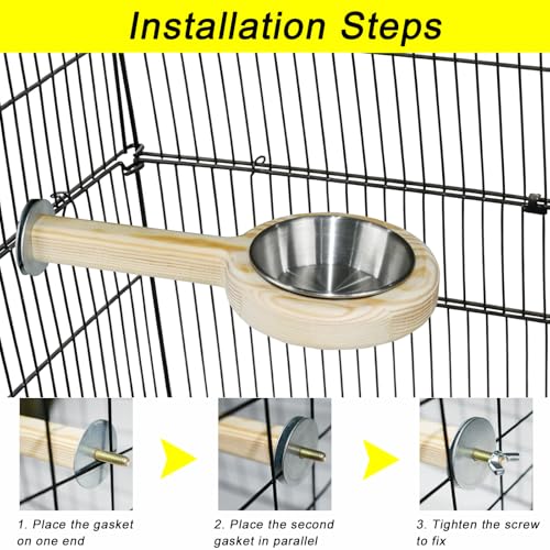 2-Pack Bird Perch Feeding Cup for Parakeet Cockatiel Budgie | 2-in-1 wooden perch and stainless steel bowl stops tipping and cage mess. Fits most cages, tool-free - color: 2*small bird feeding cup