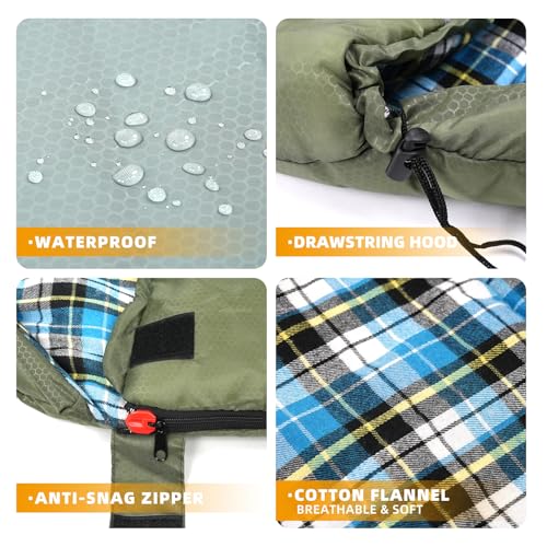 Cotton Flannel Lined Sleeping Bag for Adults Teens Kids, Cold Weather & Warm, 3 Seasons, Lightweight Compact Camping Essentials Equipment, Hiking, Outdoor, Travel - color: Green Grey