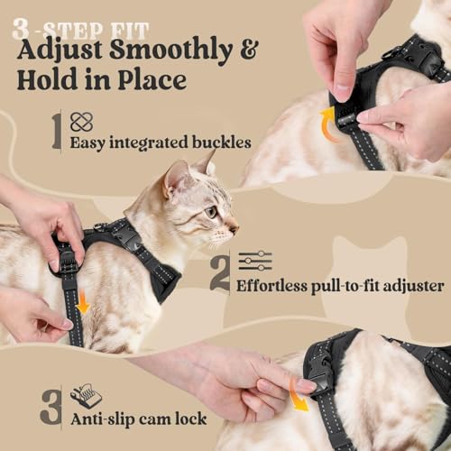 rabbitgoo Cat Harness and Leash, Easy-on with Neck Buckle, Black | Escape Proof, No Over-the-head, Soft Air Mesh, 3 Lockable Adjusters & Buckles, Reflective, for Small to Average Cats Walks, S - color: Black, size: S