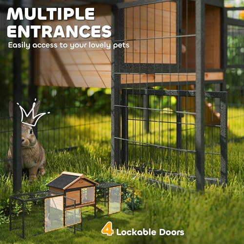 PawHut Rabbit Hutch Outdoor 85" Large with Steel Run for 2-3 Small Animals | Wooden Bunny Cage, Removable Tray, Waterproof Roof, Ramp, Metal Guinea Pig Cage, Rabbits, Chickens, Ducks, Backyard Garden