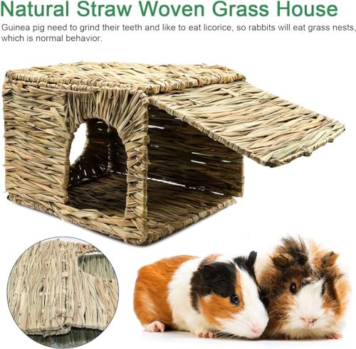 BWOGUE Large Guinea Pig Grass House, Guinea Pig Hideout 2 Pack Straw Hut | Hand-Woven Straw for Gnawing, Double Openings for Guinea Pig Tunnel-Style Play, Foldable Bed for Rest, Bunnies & Chinchillas - size: 2 PACK