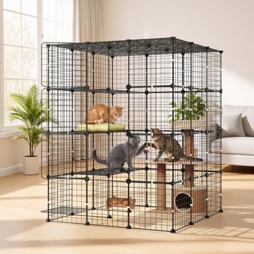 VEVOR Cat Cage 4-Tier 40.98"x40.98"x55" DIY Cat Playpen Indoor Enclosure, Detachable Metal Wire Kennel Crate with 4 Doors, Large Exercise Place Ideal for 2-3 Cats, Kittens and Small Animals, Black - size: 41.0"L x 41.0"W x 55.0"H