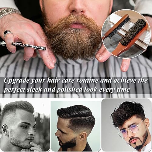 2 PCS Boar Bristle Hair Brush Set for Men Women Bristle Hair Brush for Slick Back Wet Hair and Beard Grooming Rat Tail Comb Teasing Comb Edge Beard Brush for Slicking Hairs (2PCS) - color: 2PCS