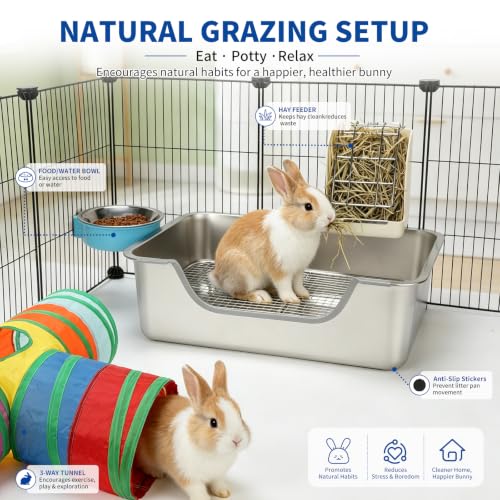 Stainless Steel Rabbit Litter Box with Hay Feeder & Sifting Grid | Bunny Litter Box Kit with Bowl & Tunnel, 6-Inch High Sides Help Reduce Mess, Low Entry for Easy Access, Grid for Drier Paws - size: L(19.7"×13.8"×5.9")