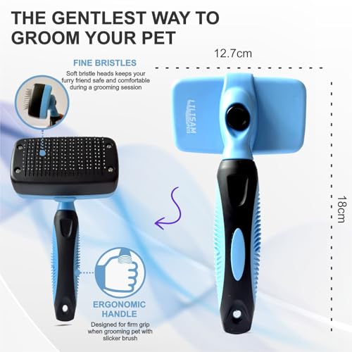 Pet Self Cleaning Slicker Brush and Grooming Comb - Gently Removes Loose Hair, Tangles, and Dirt - Skin Friendly Deshedding Grooming Tool for Hair Dogs & Cats - Pet Supplies Accessories (Blue) - color: Blue