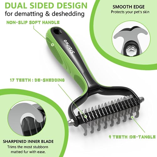 Staltwo Deshedding Dog Brush, Deshedding Undercoat Rake for Dog&Cat | Green Extra-Wide Double-Sided Pet Grooming tool | Shedding Control for Long/Medium-Haired Dogs and Cats, Knot Removal - color: Green