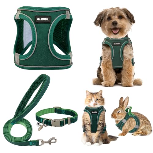 GAMUDA Small Pet Harness Collar and Leash Set, Step in No Chock No Pull Linen Fabric Soft Mesh Dog Vest Harnesses Reflective for Dogs Puppy Cats Kitten Rabbit (Green, XXS) - color: Green, size: XXS