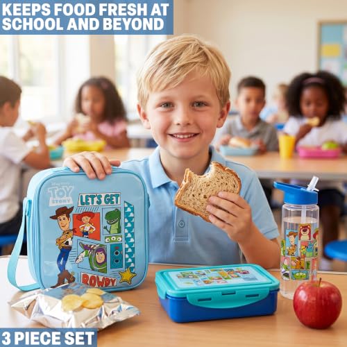 Get Trend Toy Story Boys Lunch Box 3Pc Set | Kids Insulated Lunch Bag with BPA-Free Water Bottle and Bento Box, Back to School Woody & Buzz Lightyear Gifts for Boys - color: Blue/Multi Toy Story
