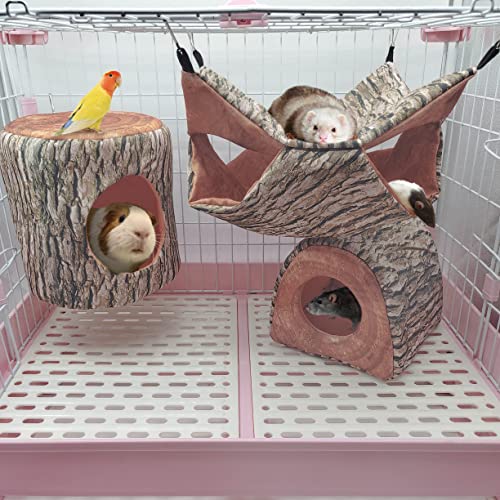 EAEDMY Guinea Pig, Rat & Ferret Tree Hole Bed and Hammock Tunnel, Parrot Bird Hideout and Soft Bed - color: 1.Tree hole bed and hammock