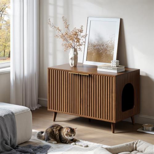 Evermagin 31.5" Cat Litter Box Enclosure Furniture with Legs | Walnut Hidden Litter Box Cabinet, Modern Indoor Cat House, Fluted Kitty End Table for Living Room, Bedroom, Entryway - color: NA Walnut