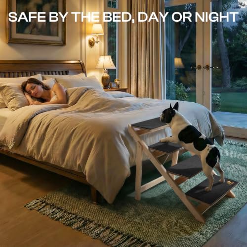 Luciphia Wooden 2-in-1 Dog Stairs, 4-Step Foldable Anti-Slip Pet Steps | For beds, cars, and couch, supports up to 220lbs, ideal for small, aged, and injured dogs and cats, indoor and outdoor use