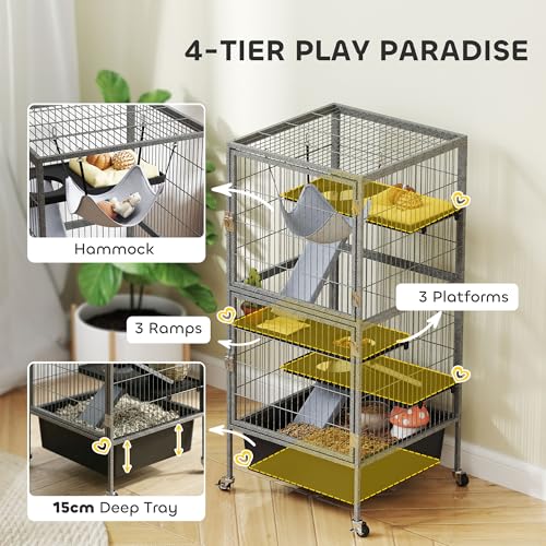 PawHut 45 Inch Small Animal Cage, 4-Tier Rolling Ferret Chinchilla Rabbit Cage with 6 Inch Deep Slide-Out Tray, Platforms, Hammock, for Bunnies, Ferrets, Chinchillas, Squirrels, Gray | Ferret Chinchilla Rabbit Cage, 6 Inch Deep Slide-Out Tray, Platforms,