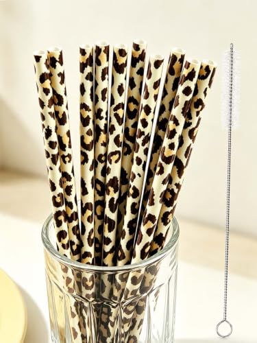 10 Pcs Reusable Brown Leopard Straws Long Straws with Cleaning Brushes | Plastic Cheetah Animal Straws Brown Leopard Print Drinking Straws for Tumblers Cups Safari Wild Favors Birthday Party Supply - color: Yellow