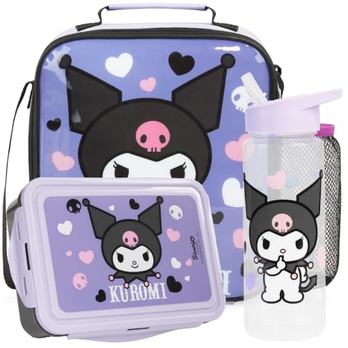 Get Trend Kuromi Girls Lunch Box 3Pc Set | Kids Insulated Lunch Bag with BPA-Free Water Bottle and Bento Box, Back to School Kawaii Gifts for Girls - color: Black/Purple Kuromi