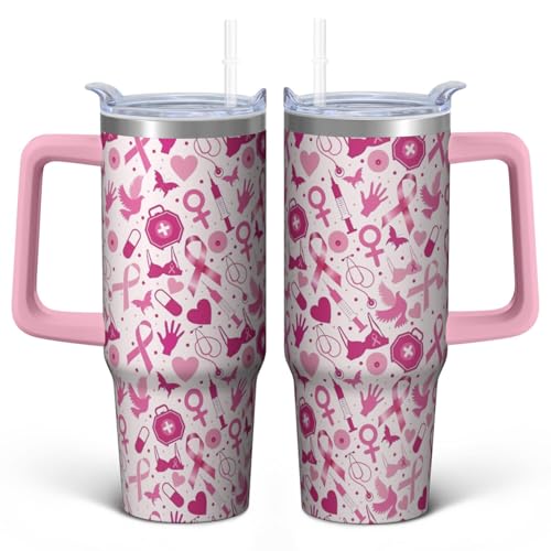 30oz Breast Cancer Awareness Stainless Steel Tumbler with Handle and Straw,Pink Ribbon Mug Cup Water Bottle with Lid and Straw, Patients Survivor Women Gifts - color: Cancer2