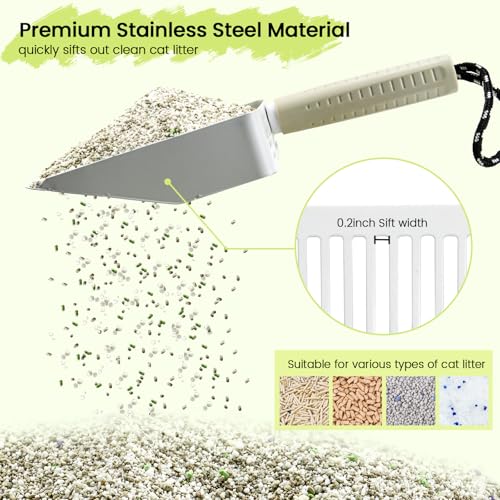Cat Litter Scoop with Holder, Stainless Steel, Non-Slip Handle | Stainless steel litter scoop with holder captures clumps fast and includes a mini broom and dustpan for easy cleanup - color: White
