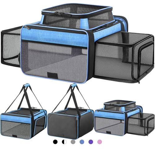 Top and 2 Sides Expandable Cat Carrier 18x13.5x9.5 TSA Airline Approved | Dog Carriers for Small Dogs, Soft-Sided Pet Carrier, Anti-Scratch Mesh, Lockable Zippers, for Kitten, Rabbit, Puppy, Blue - color: Blue, size: 18.0"L x 13.5"W x 9.5"H