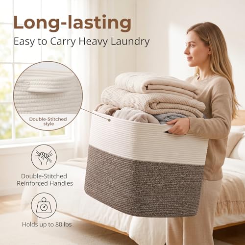 OIASKET 108L Cotton Rope Storage Basket for Living Room and Bedroom 25"x16"x16" Woven Laundry Basket, Heavy Duty Bin for Blankets, Pillows & Toys, Pet-Safe & Scratch-Free, Dark Brown and White - color: Dark Brown & White