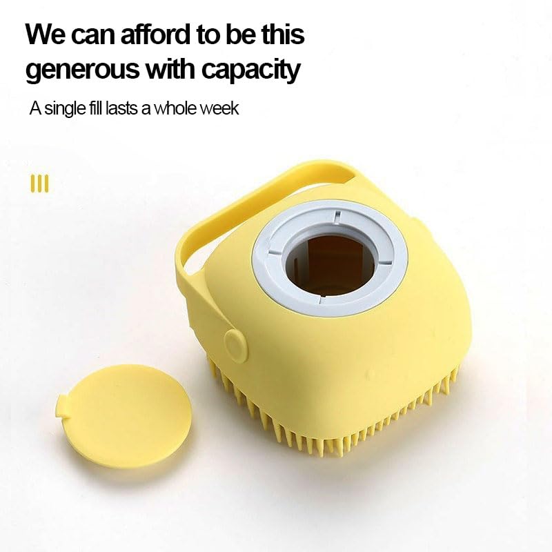 Pet Grooming Bath Massage Brush with Built-in Shampoo Dispenser & Hanging Rope, Soft Bristles for Long Short Haired Dogs Cats Shower Gentle Cleaning and Massage, Yellow