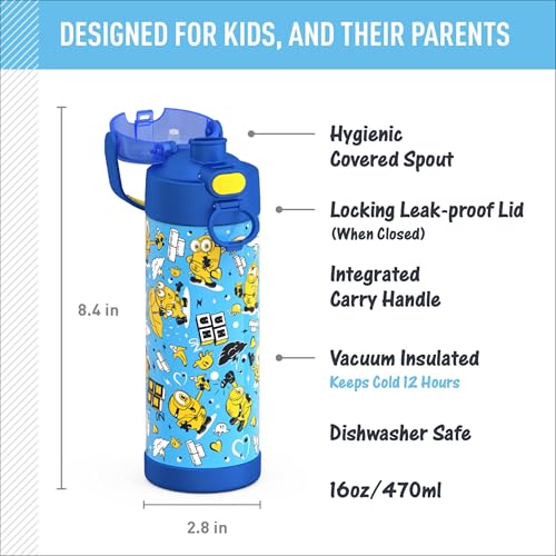THERMOS FUNTAINER Water Bottle with Spout, 16oz, Minions | Kids Stainless Steel Insulated Water Bottle, Keeps Drinks Cold Longer for School & Play, BPA-Free - color: Minions, size: 16 Ounces