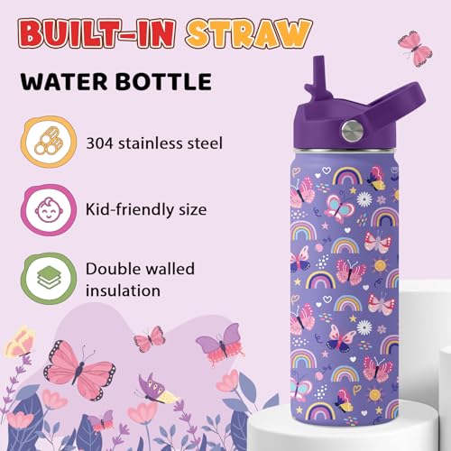 Butterfly Gifts - 18oz Purple Kids Water Bottle with Straw Lid, Stainless Steel Insulated Bottle, Leakproof, BPA-Free, for Girls, School, Travel - Butterfly Rainbow Themed Birthday Gift Cup (1pc) - color: Butterfly1, size: 18 Ounces