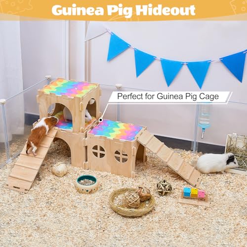 Unicorn Catcher 3 Pack Wooden Guinea Pig Hideout House with Stairs & Mats | Wooden Bunny Castle Hideout With Stairs And Soft Mats Perfect For Ferrets Chinchillas And Small Animals In Cages - size: 3 Houses