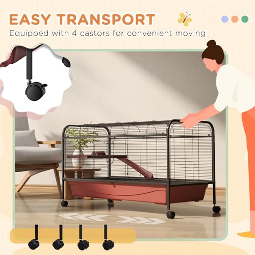 PawHut 48" L Small Animal Cage, Rabbit Hutch, or Ferret Pet Play House with Feeder, Rolling Wheels, Platform, Ramp | Ferret Pet Play House, Platform, Ramp - size: 48.0"L x 23.3"W x 28.8"H