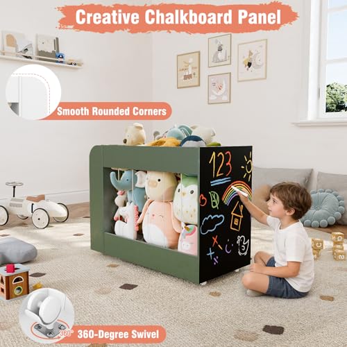 Wooden Kids Bookshelf, Toy Storage with Side Drawing Chalkboard | 3-in-1 Mobile Stuffed Animal Storage Zoo, Rolling Toy Box Container on 4 Wheels for Kids Room Playroom Nursery Bedroom, Green - color: Green