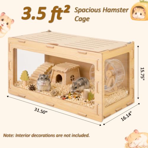 32" Hamster Cage with 3-Sided Clear Acrylic Panels | Interlocking Small Animal Habitat with Top Access & Ventilation for Syrian & Dwarf Hamsters, Gerbils and Mice - color: Natural Wood, size: 32.0"L x 16.1"W x 16.0"H