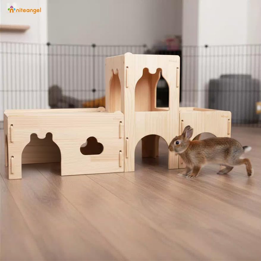Niteangel Wooden Rabbit Castle and Hideout - Spacious and Breathable Bunny House Tunnel for Rabbit Chinchilla Guinea Pigs or Other Small-Sized Pets (Full Set Castle)
