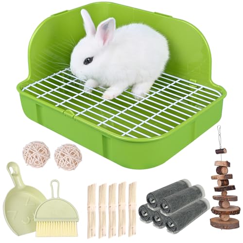 RUBYHOME Rabbit Litter Box Toilet, Plastic Square Cage Box Potty Trainer Corner Litter Bedding Box Pet Pan for Small Animals, Rabbits, Guinea Pigs, Chinchilla, Ferret, Galesaur, 11.4 Inches (Green) - color: Green