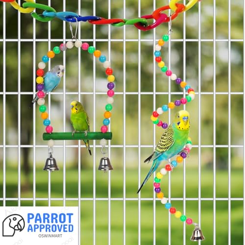 2PCs Swing Parrot Toy Spiral Perch Bird Cage Toy Colorful Wood and Glow Beads with Metal Bell for Small to Regular Parrot Parakeets,Macaw,Conure, Cockatiel, Finchess