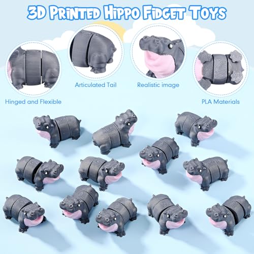 Honoson 12 Pcs 3D Printed Animals 5-7cm, Hippo | Articulated Fidget Animals, Flexible 3D Printed Figures for Stress Relief, Cute Mini Joints for Party Favors and Display - size: 5-7cm, style: Hippo