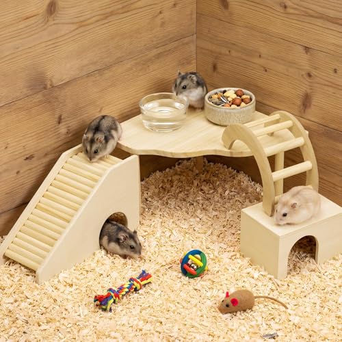 BreezeHug 4 Pcs Hamster Cage Accessories Hamster Platform Hideout Wooden Tunnel Ladder Playhouse Game Climbing Toy with Platform for Pets Dwarf Syrian Mice Degus Gerbils Squirrel(Log Cabin) - style: Log Cabin
