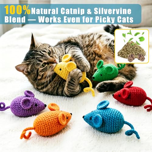 Retro Shaw Catnip Cat Toys Crochet Mouse, Pack of 6 | Hand-Knitted, Durable and soft, Catnip & Silvervine Blend, Safe Teeth Cleaning, Indoor Interactive Fun - style: Mouse-6