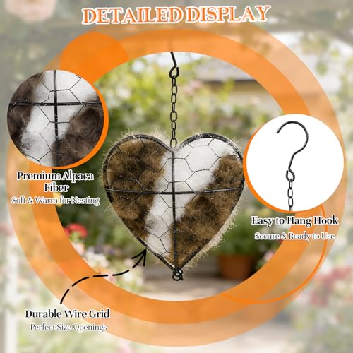 KOSIMI Handmade Alpaca Fiber Bird Nesting Heart, Birds Nests Material Holder, Hummingbird Houses Nest Boxes Gifts for Outside Garden Art Birdhouse, Birds Lovers, Winter Tree Shelter for Wild Bird