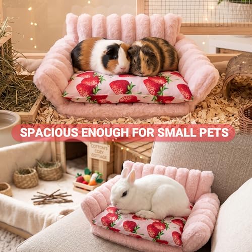 Guinea Pig Bed, Washable Fleece Pink Small Pet Cage Accessories | Strawberry Cozy Small Animal Sofa Couch for Guinea Pig, Bunny, Chinchilla, Hamster, Ferret, Hedgehog