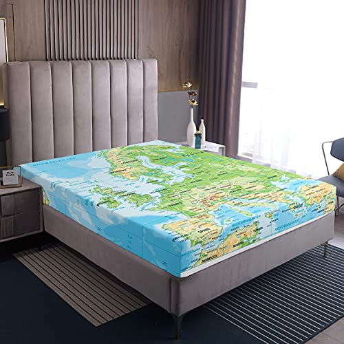 Erosebridal World Map Bed Sheets Full Blue Ocean Sheet Set 4 Pcs for Kids Boys Girls, Map of Various Countries Fitted Sheet with 1 Flat/Top Sheet and 2 Pillow Cases Breathable Home Room Dorm Decor - color: Style 12, size: Full