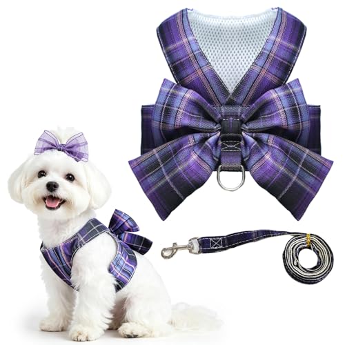 Cute Dog Harness and Leash Set with Bow Tie Soft Mesh Plaid Girl Puppy Harness No Pull Pet Cat Dog Vest Harness for Small Dogs Chihuahua Rabbit Outfit (Purple,M) - color: Purple, size: M(Chest 12"-14")
