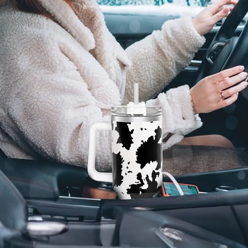 40 oz Cow Tumbler with Handle and Straw, 100% Leak-Proof Travel Mug, Stainless Steel Double Wall Vacuum Insulated Coffee Cup Keeps Cold For 34 Hours, White Cow - color: White Cow