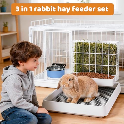 3 in 1 Rabbit Litter Box with Hay Feeder, Bunny Litter Box with Metal Hay Feeder and Hanging Water Bowl for Bunny, Guinea Pigs, Chinchillas and Other Small Animals