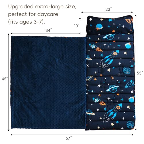 david's kids Minky Toddler Nap Mat with Removable Pillow and Minky Fleece Blanket, 55"x23",Soft Slumber Bags for Boys, Perfect for Preschool, Daycare, Kids Sleeping Bags with Rollup Design, Space - color: Space