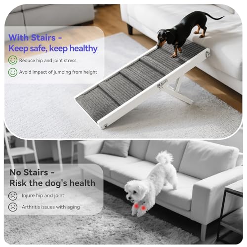 Pawaboo 2026 Upgraded Small Dog Ramp for Couch Foldable, 5 Ajustable Height | Height from 9.8" to 20.5", Portable Stable Pet Steps with Non-Slip Pad, Pet Ramps Use for Sofa Couch Stairs, Wood - color: White, size: 80×30cm-for couch
